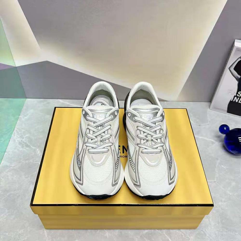 Close-up of fabric texture and Fendi logo on Fendi Women First 1 Gray Fabric Trainers