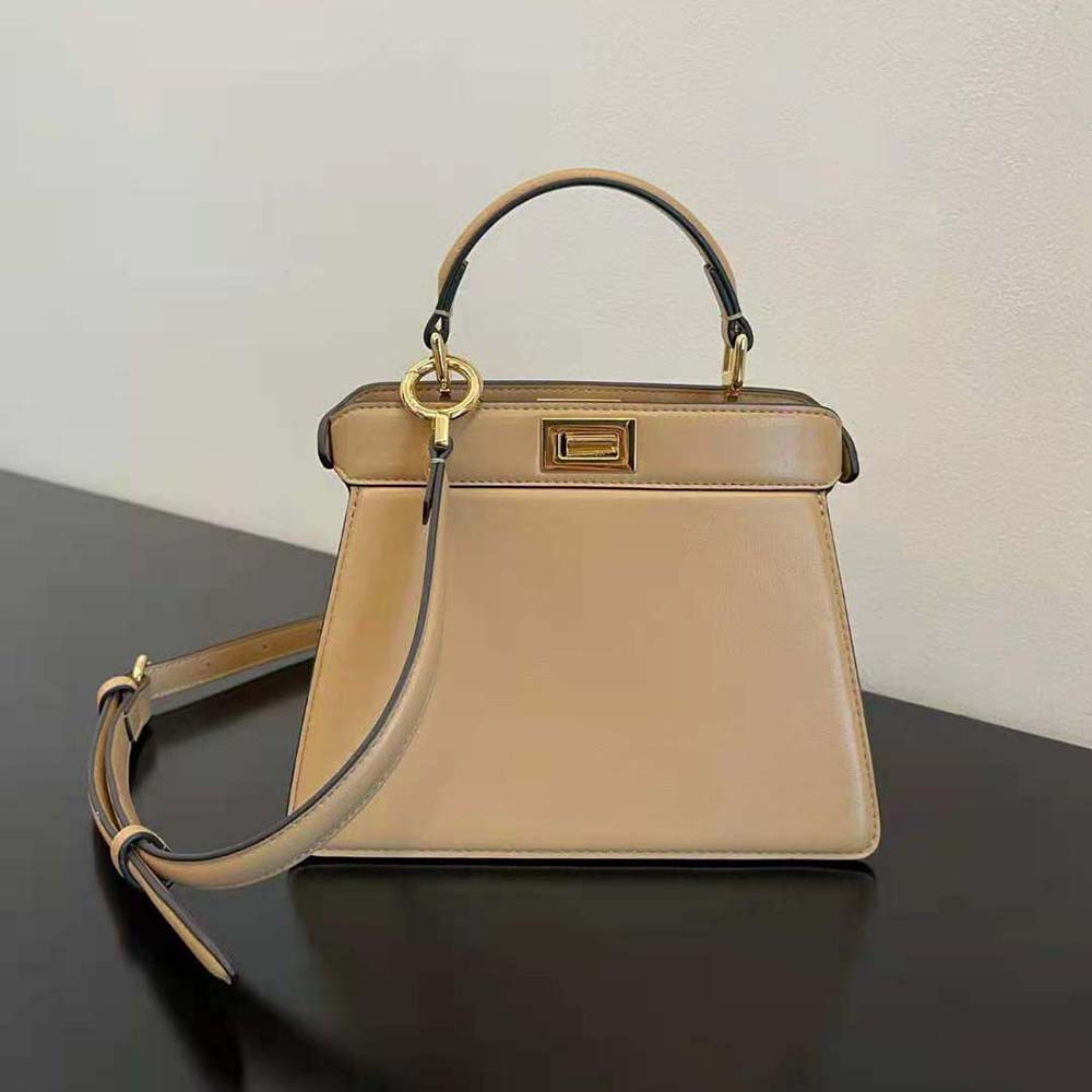 Side angle showing padded leather texture of Fendi Women Peekaboo ISeeU Petite Bag