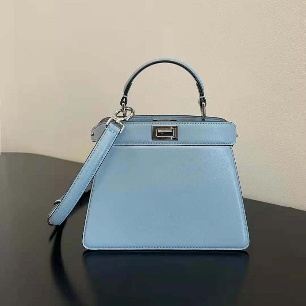 Close-up of gold-tone hardware on Fendi Peekaboo ISeeU Petite Light Blue bag