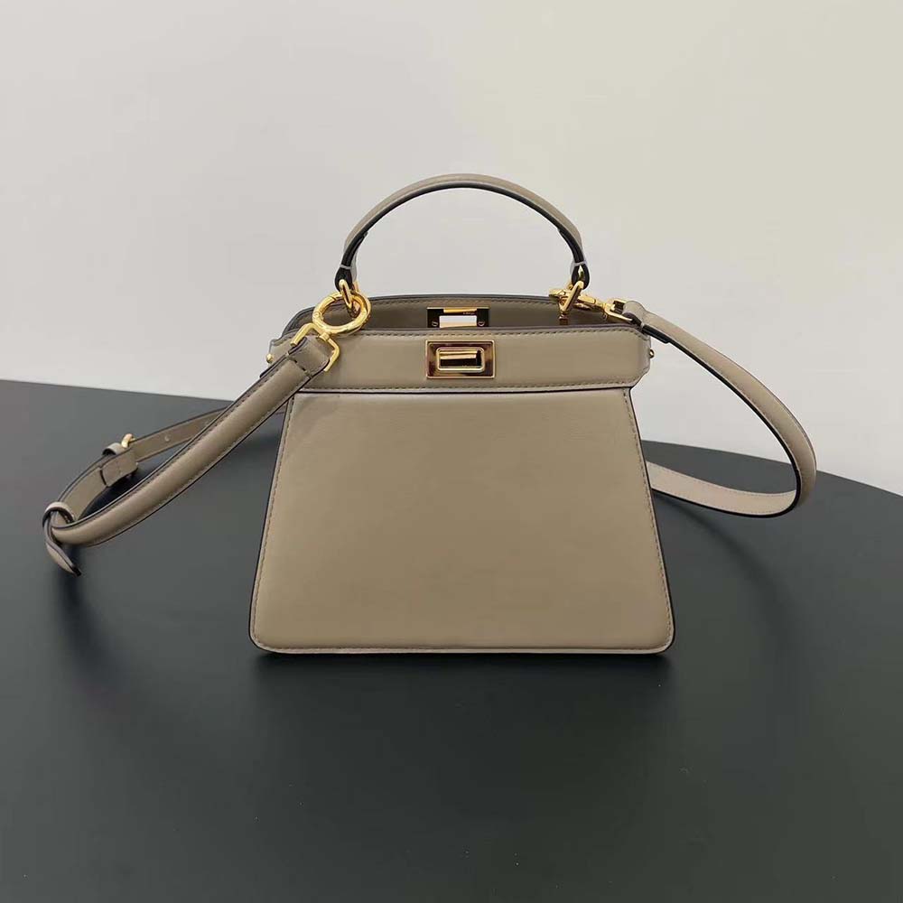 Side angle showing silhouette of Fendi Women Peekaboo ISeeU Petite Light Gray Leather Bag