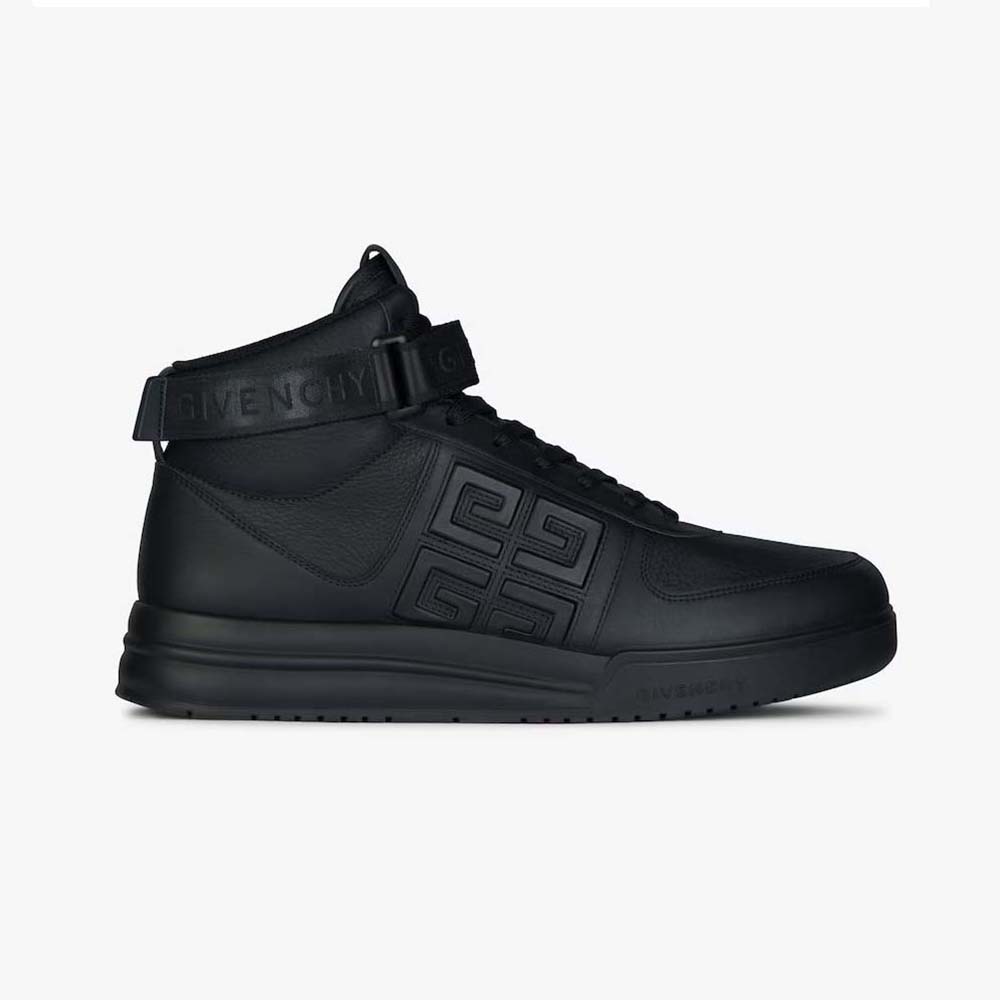 Side view of Givenchy Men G4 High Top Sneakers in Leather-Black