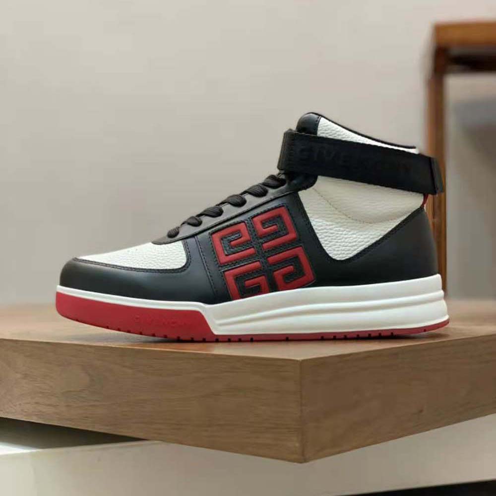 Close-up of Givenchy Men G4 High Top Sneakers lace-up and metallic logo detail