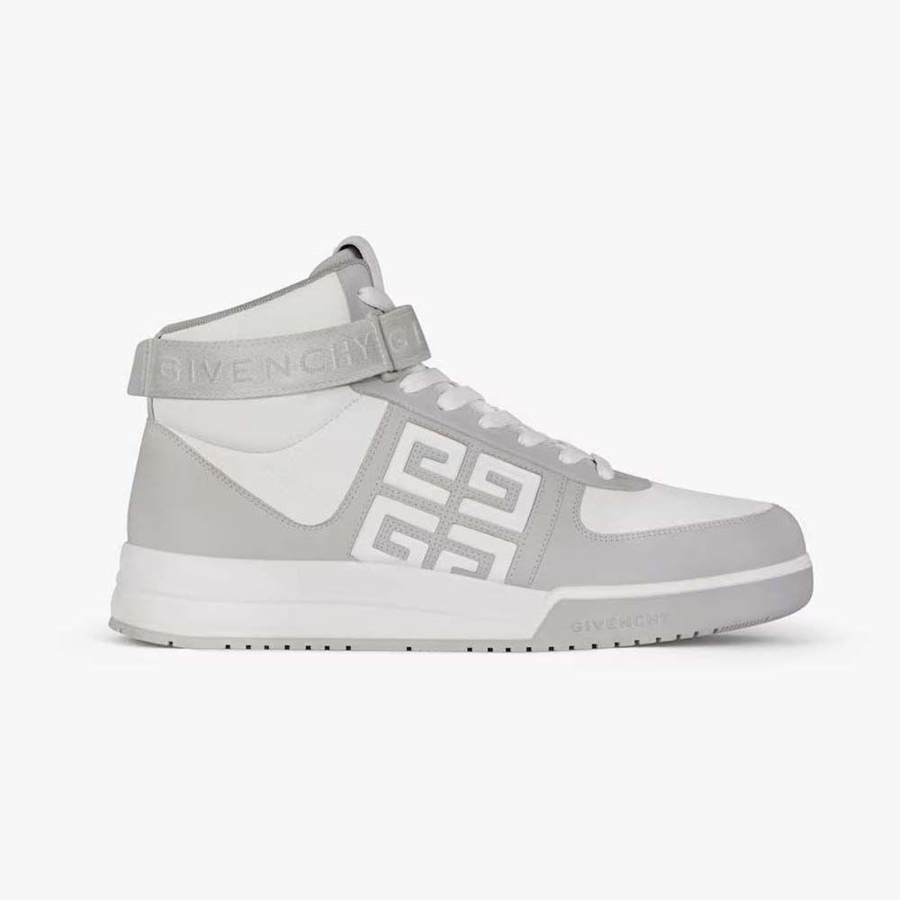 Side view of Givenchy Men G4 High Top Sneakers in leather grey and white