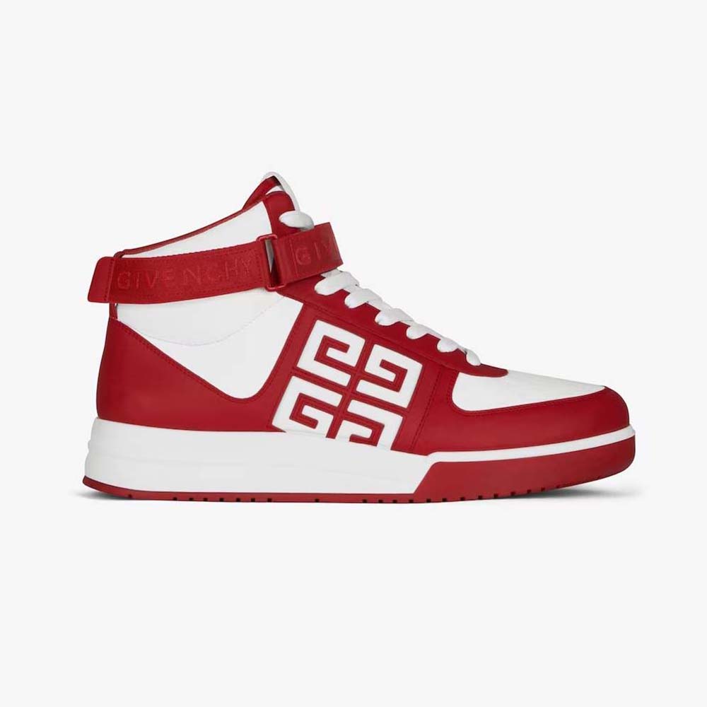Side view of Givenchy Men G4 High Top Sneakers in Leather-Red/White