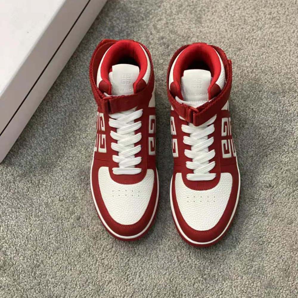 Close-up of red leather and Givenchy branding on Givenchy Men G4 Sneakers