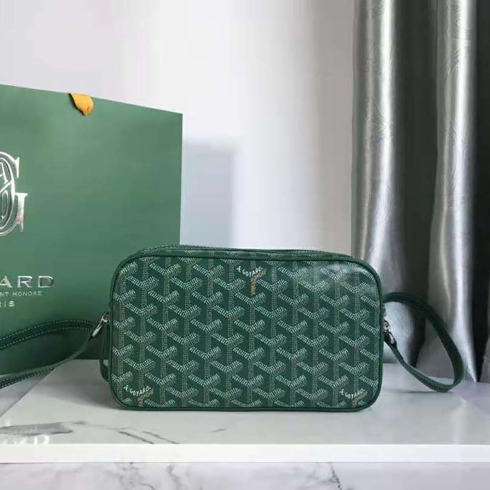 Side angle of Goyard Unisex Cap-vert Pm Bag-Green with adjustable green strap