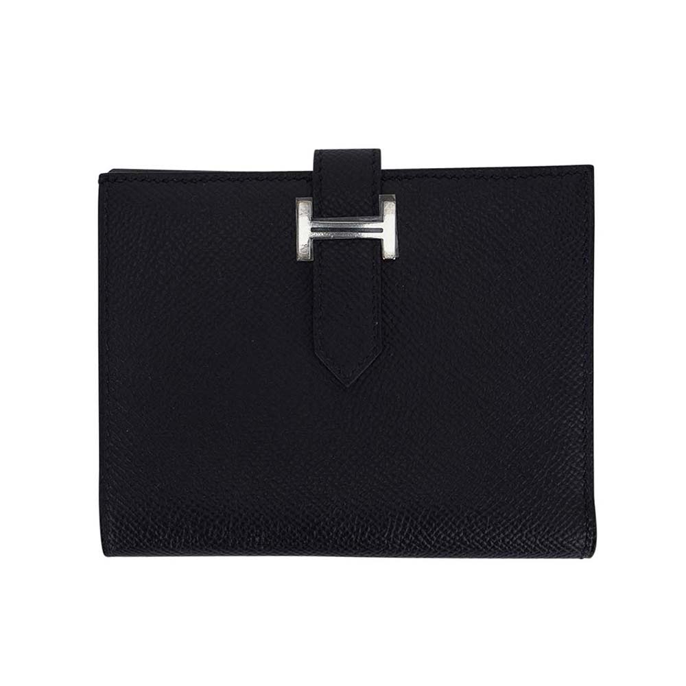 Front view of Hermes Bearn Compact Wallet Black Palladium Hardware Epsom Leather