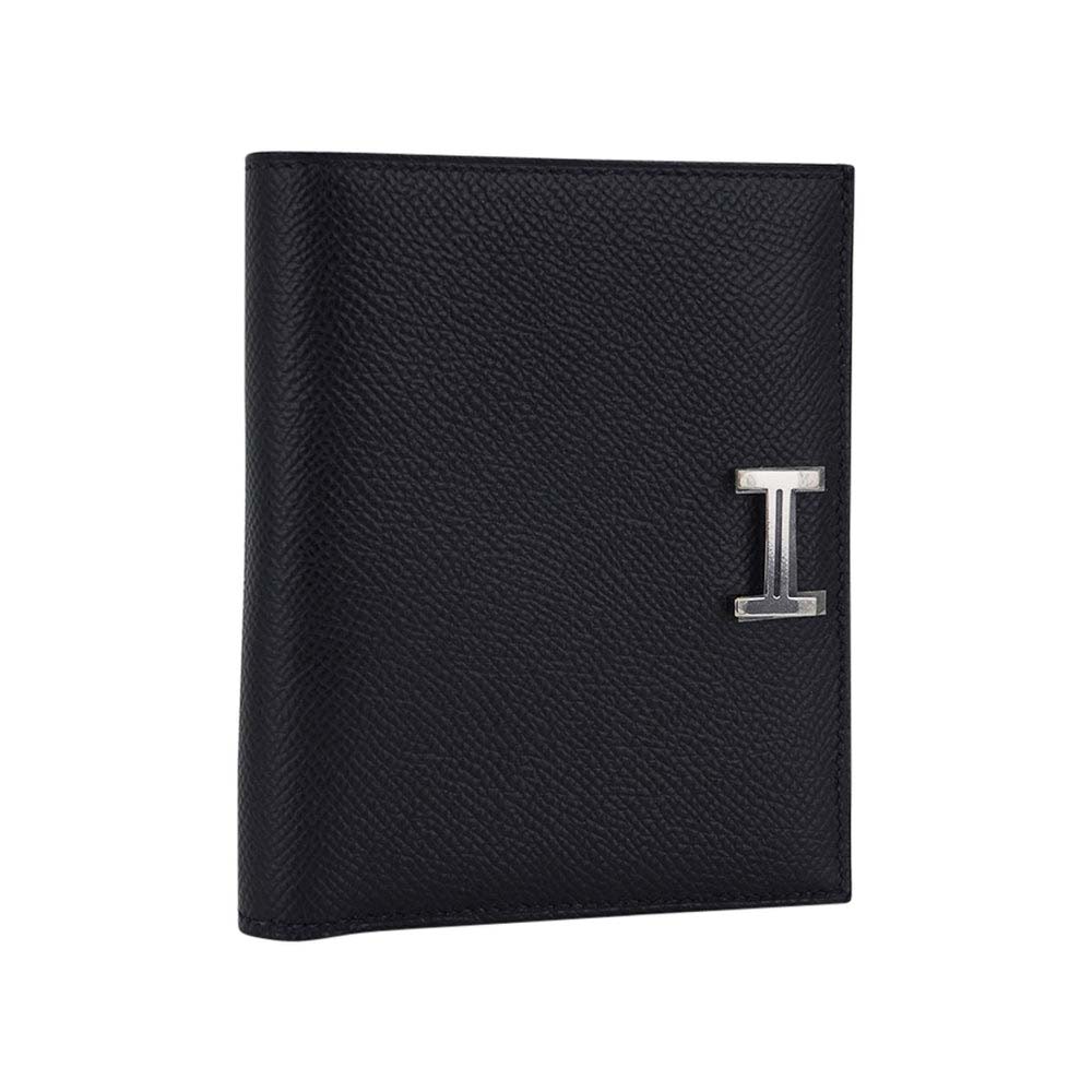 Close-up of palladium hardware on Hermes Bearn Compact Wallet Black leather
