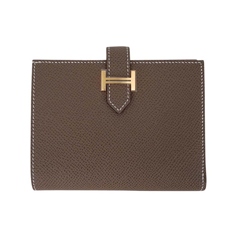 Front view of Hermes Men Bearn Compact Wallet Etoupe Gold Hardware