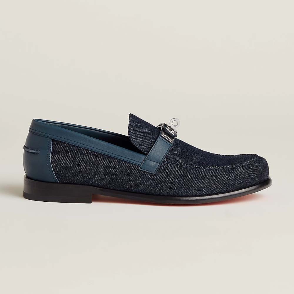 Side profile of Hermes Men Destin Loafer in blue denim and calfskin