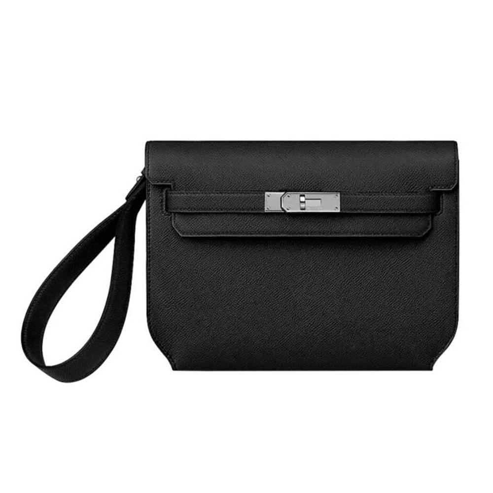 Front view of Hermes Men Kelly Depeches 25 Pouch-Black showing zipper