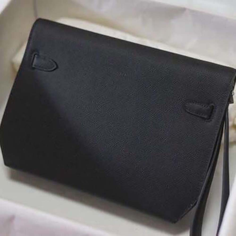 Side profile highlighting slim silhouette of Hermes Men Kelly Depeches 25 Pouch-Black