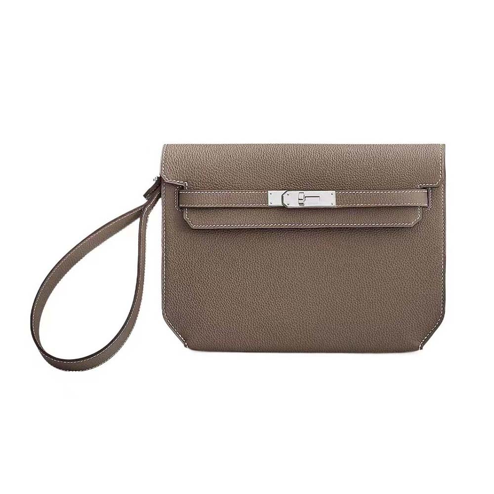 Front view of Hermes Men Kelly Depeches 25 Pouch-Gray leather bag