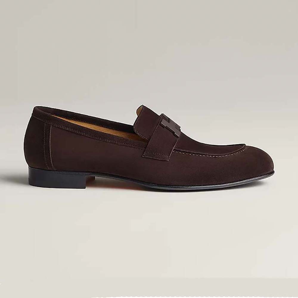 Side profile of Hermes Men Paris Loafer in Suede Goatskin-Maroon