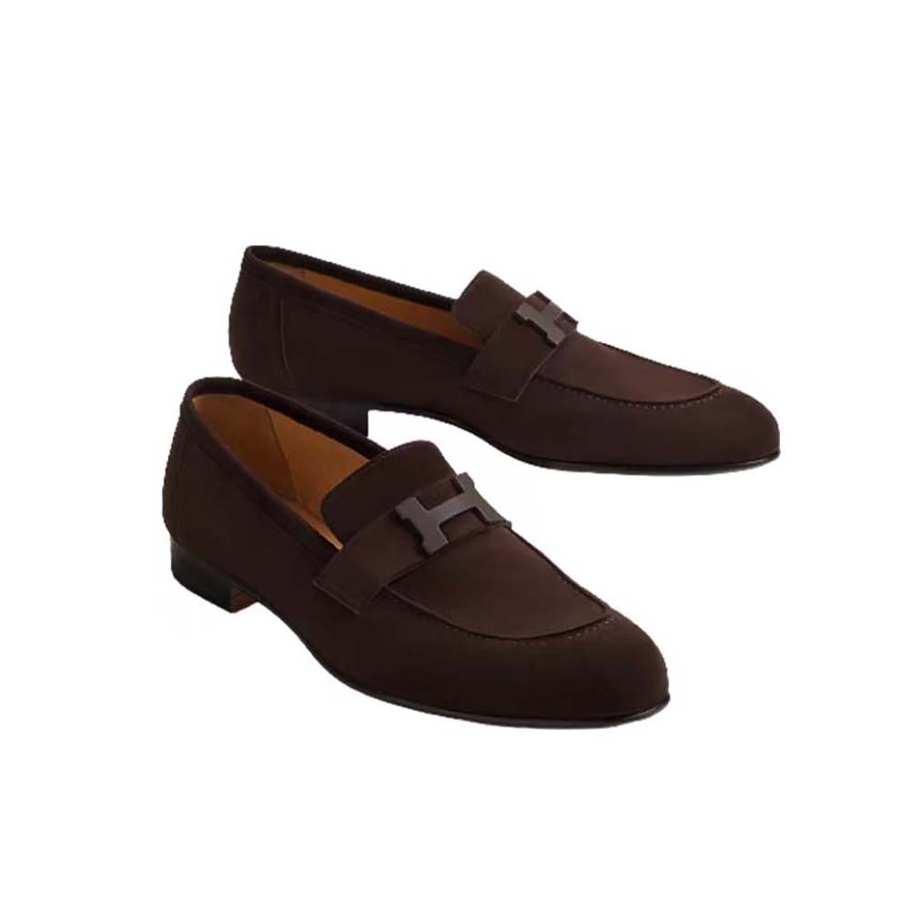 Close-up detail of suede texture on Hermes Men Paris Loafer
