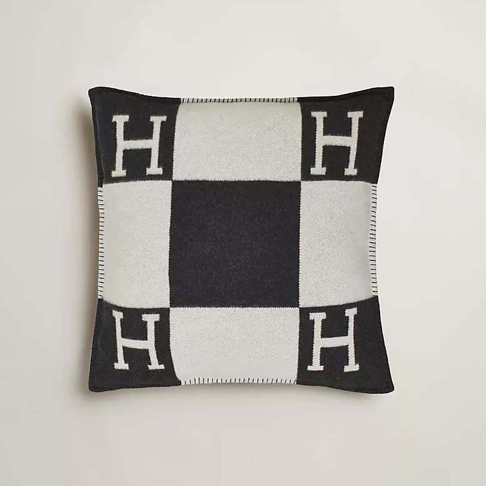 Front angle of Hermes Unisex Avalon Pillow Large Model-Black showing plush leather