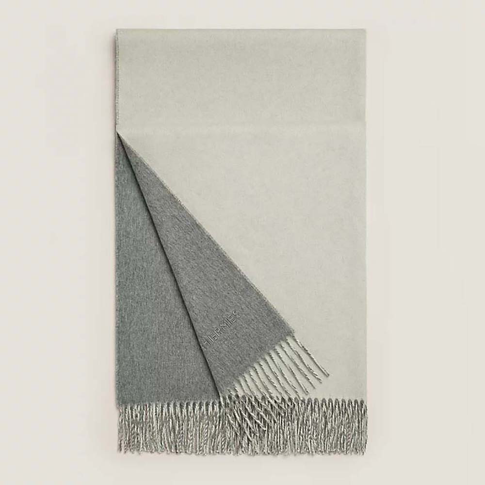Front view of Hermes Unisex Double Face Stole-Silver draped elegantly