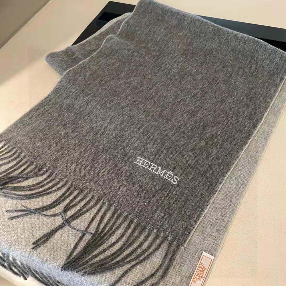 Side angle showing soft texture of Hermes Unisex Double Face Stole-Silver