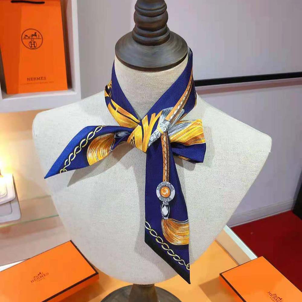 Hermes Women Cavalcades Twilly-Navy styled wrapped around handbag handle