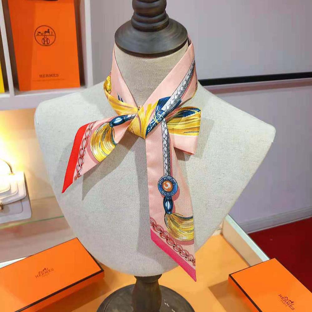 Hermes Women Cavalcades Twilly-Pink tied on pink handbag handle