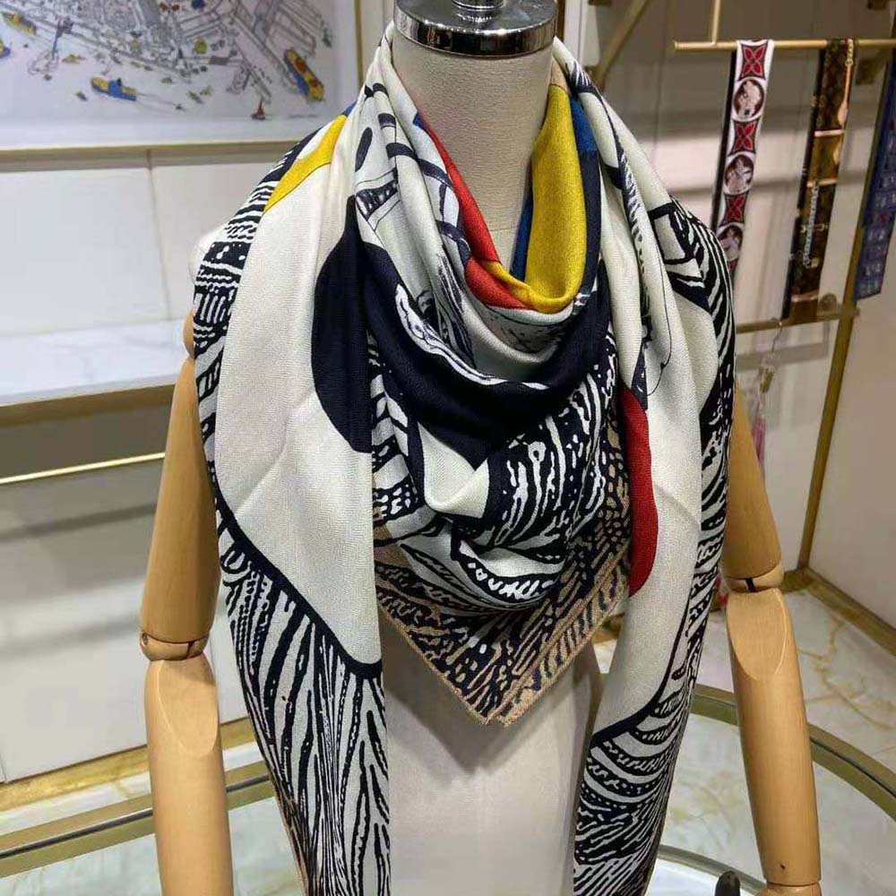Close-up detail of Hermes Women Cavalier En Formes Scarf 90-White silk texture