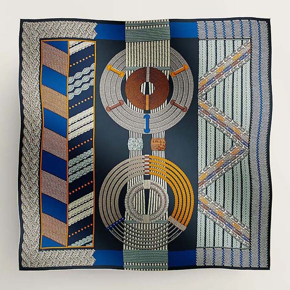 Close-up of braided border on Hermes Women Dressage Tressage Shawl 140-Navy