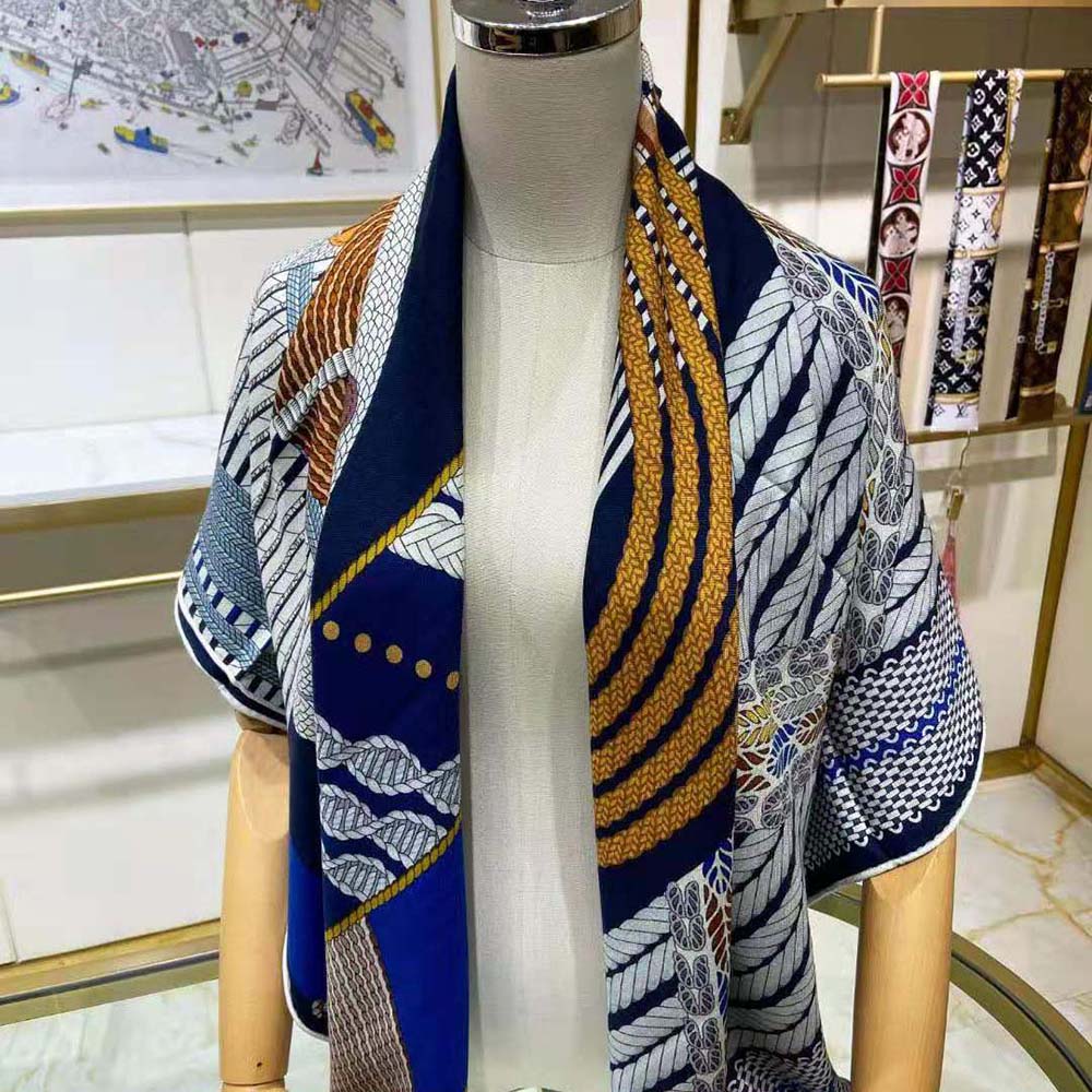 Hermes Women Dressage Tressage Shawl 140-Navy - image 4