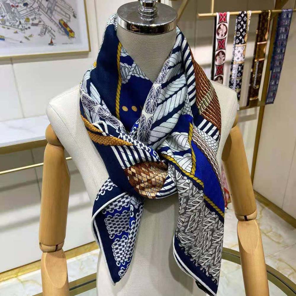 Full flat lay of Hermes Women Dressage Tressage Shawl 140-Navy in navy silk