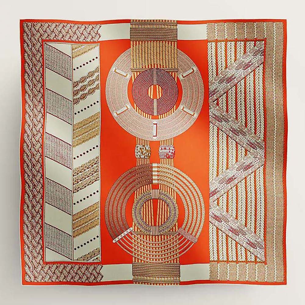 Front view of Hermes Women Dressage Tressage Shawl 140-Orange silk twill