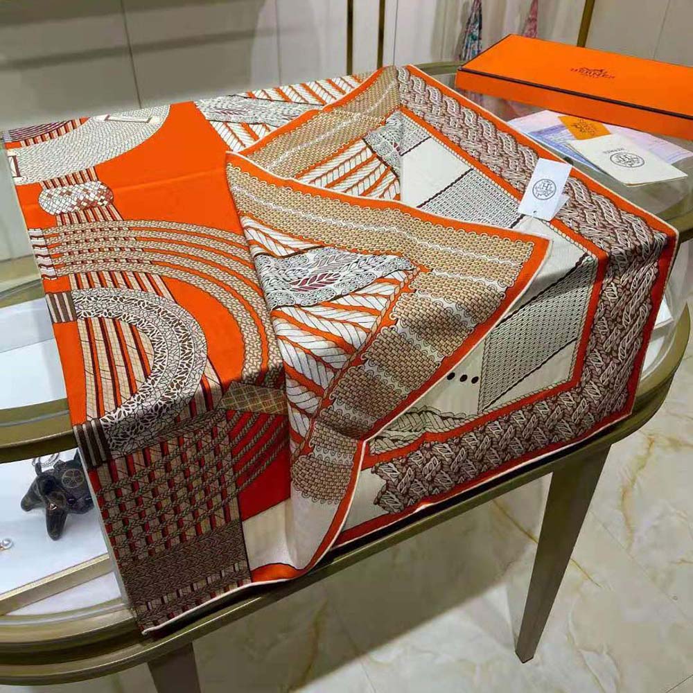 Hermes Women Dressage Tressage Shawl 140-Orange - image 6