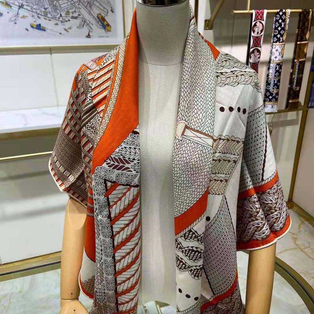Hermes Women Dressage Tressage Shawl 140-Orange - image 4