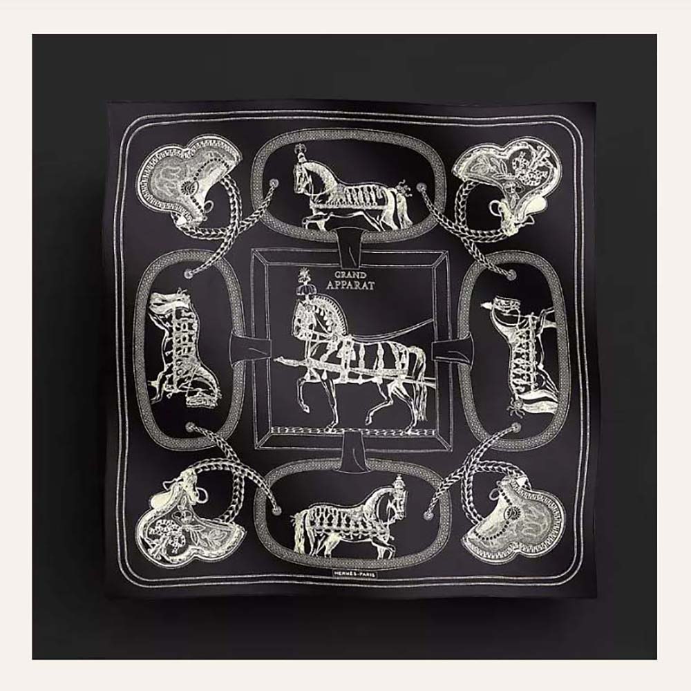Flat lay of Hermes Women Embroidered Grand Apparat Scarf 90-Black showing full embroidery