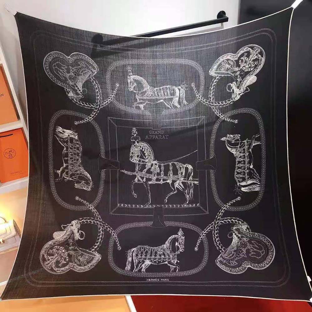 Hermes Women Embroidered Grand Apparat Scarf 90-Black - image 5