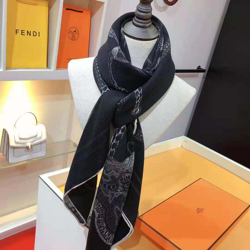 Model wearing Hermes Women Embroidered Grand Apparat Scarf 90-Black styled around neck
