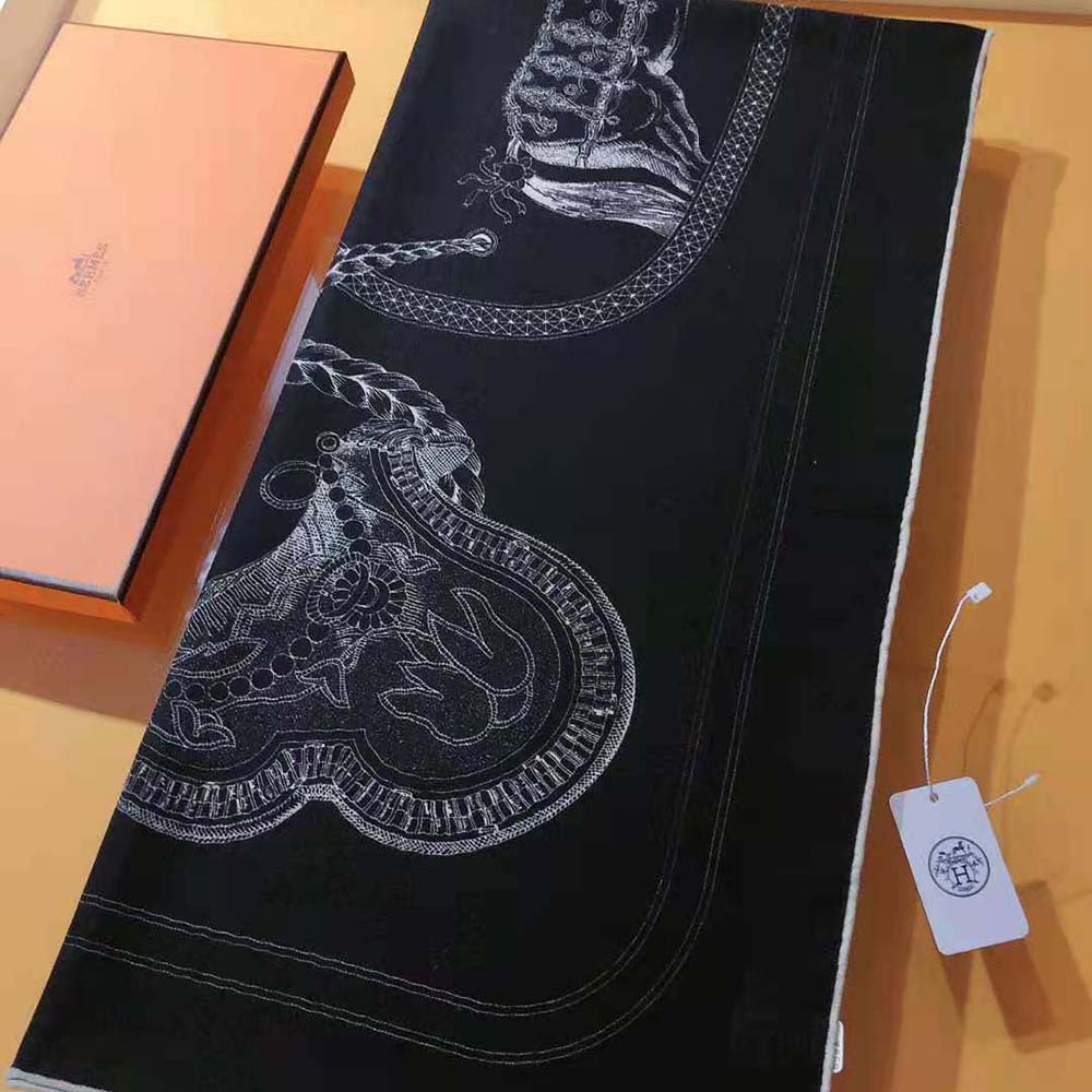 Hermes Women Embroidered Grand Apparat Scarf 90-Black - image 6