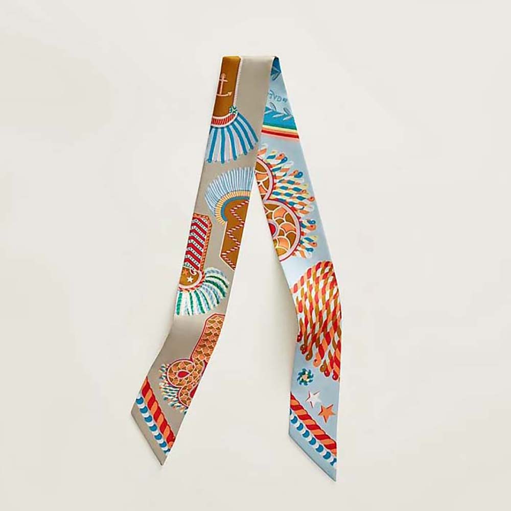 Front view of Hermes Women Epaulettes De Gala Twilly-Blue showcasing vivid blue silk