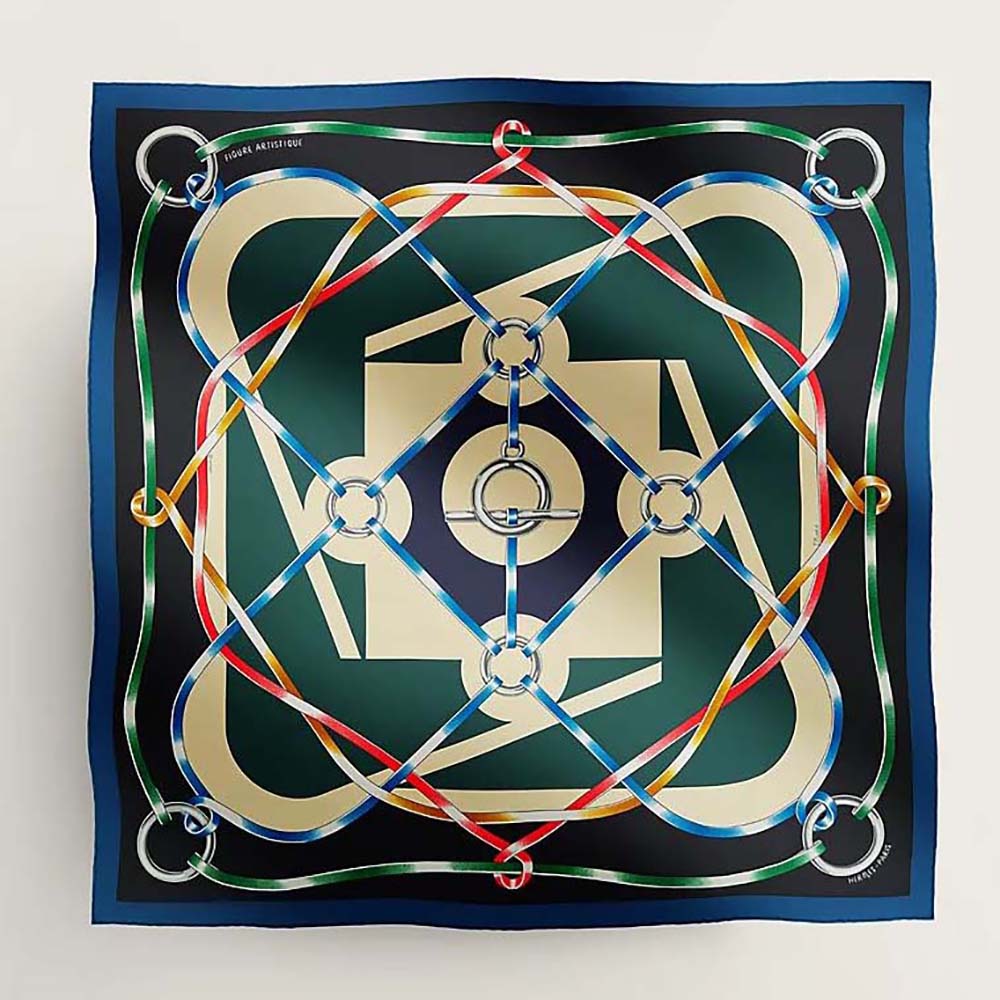Hermes Women Figure Artistique Scarf 90-Green folded showing green pattern