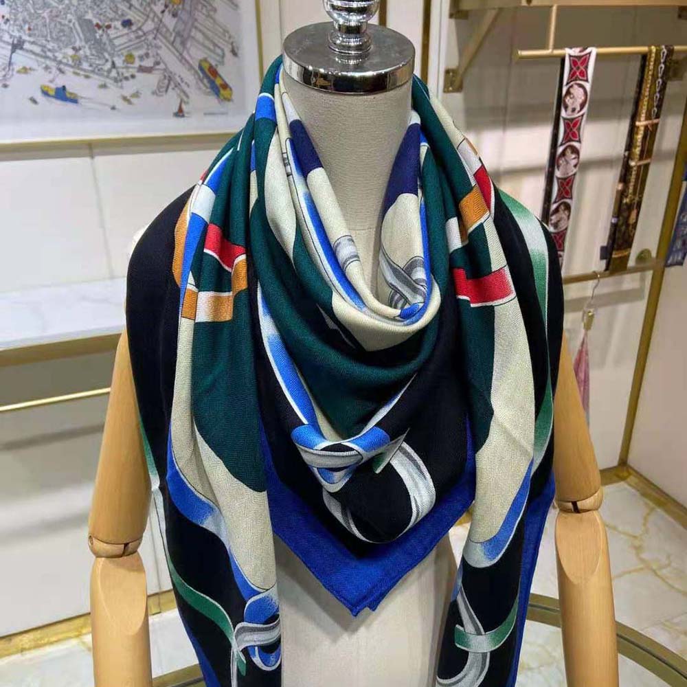 Model wearing Hermes Women Figure Artistique Scarf 90-Green styled as necktie