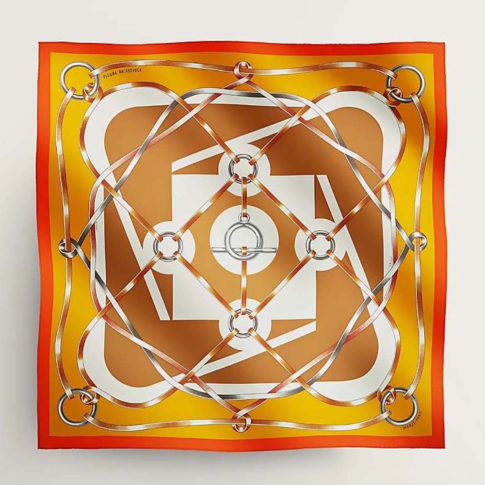 Front view of Hermes Women Figure Artistique Scarf 90-Orange laid flat