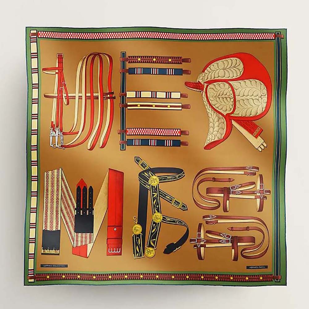 Front view of Hermes Women Lettres Equestre Scarf 90-Brown folded neatly