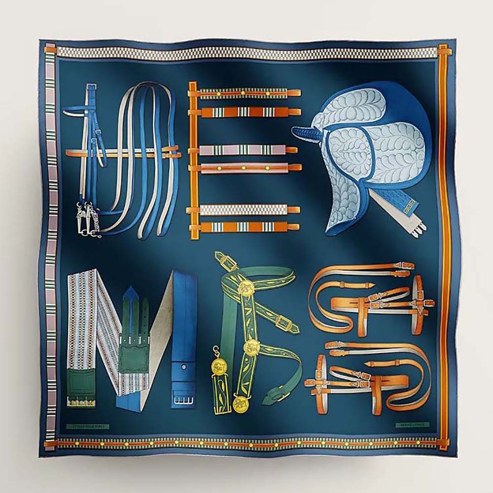 Hermes Women Lettres Equestre Scarf 90-Navy folded showing equestrian letters print