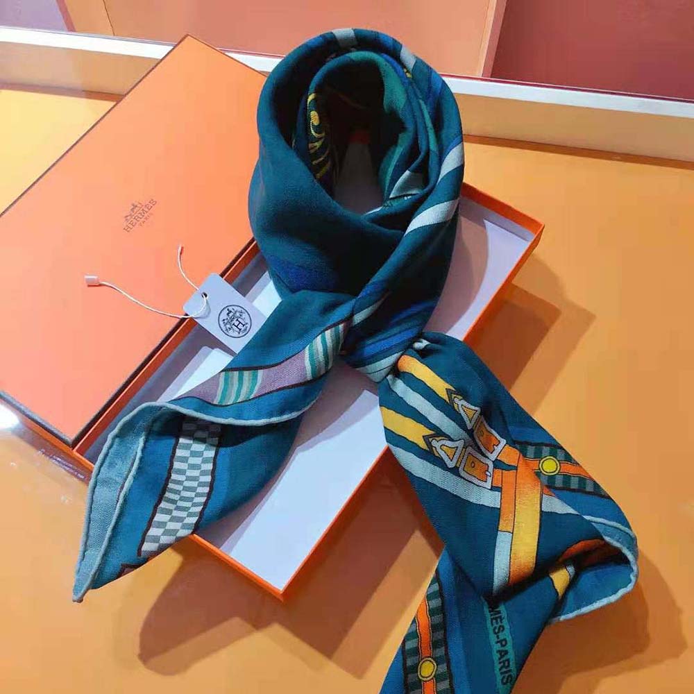 Close-up of Hermes Women Lettres Equestre Scarf 90-Navy silk texture and stitching