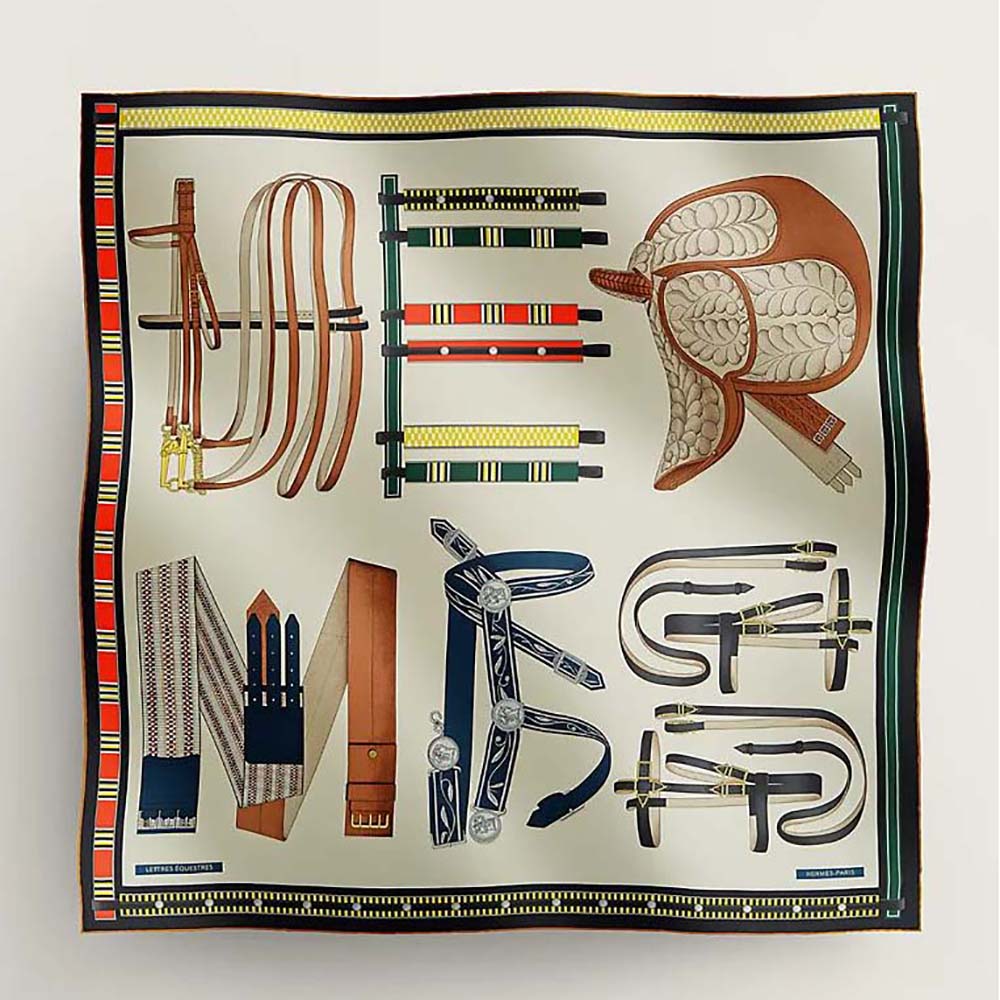 Front view of Hermes Women Lettres Equestre Scarf 90-White showcasing design