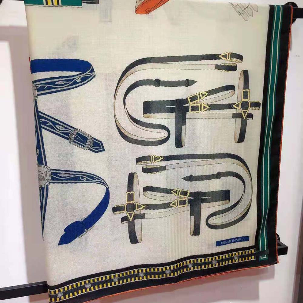 Hermes Women Lettres Equestre Scarf 90-White - image 9