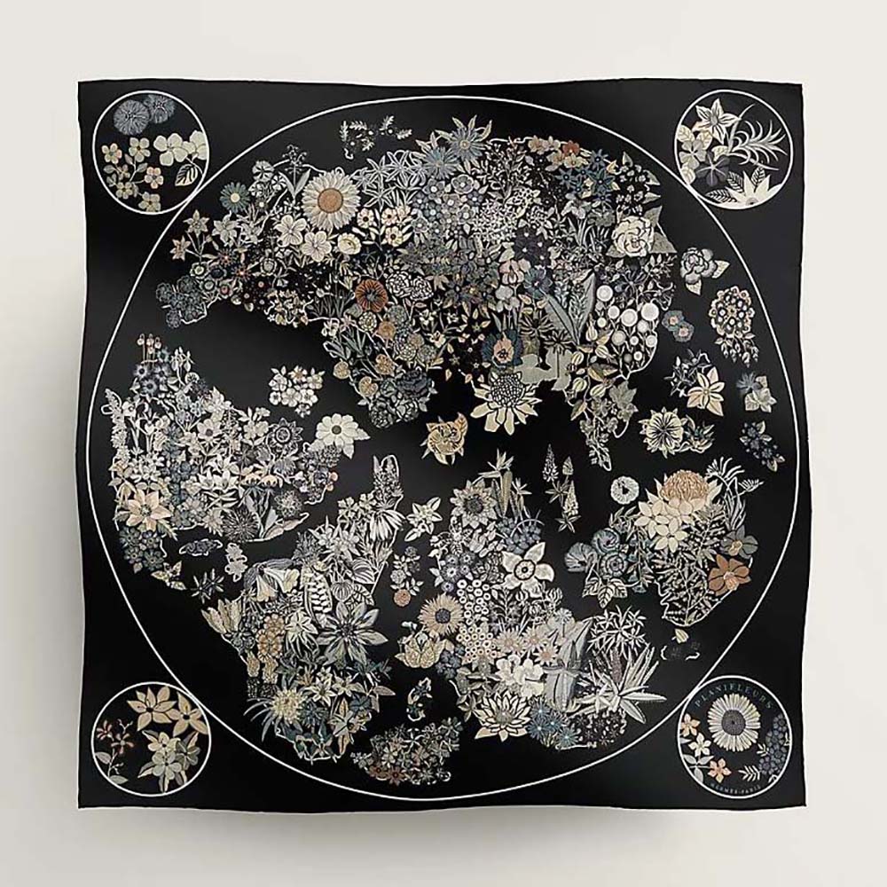 Close-up of Hermes Women Planifleurs Scarf 90-Black floral pattern