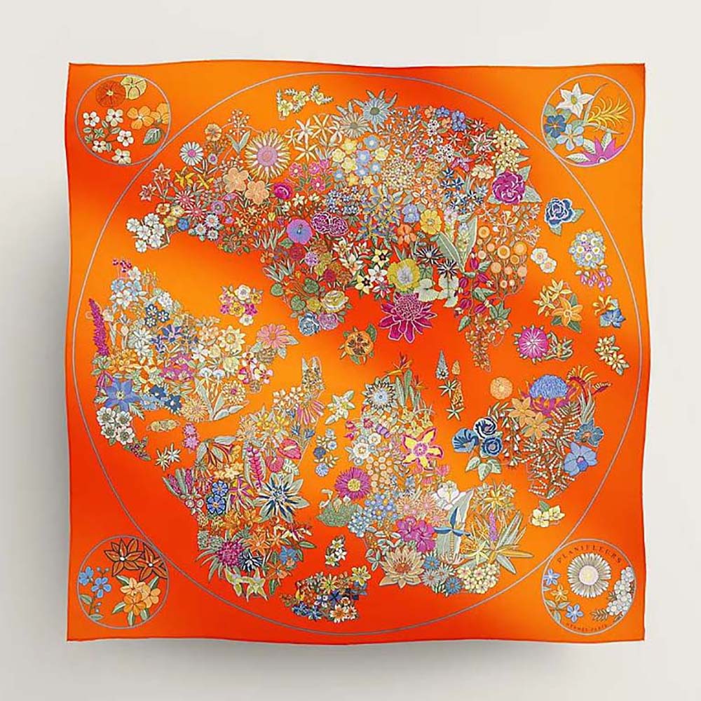 Front view of Hermes Women Planifleurs Scarf 90-Orange vibrant floral pattern