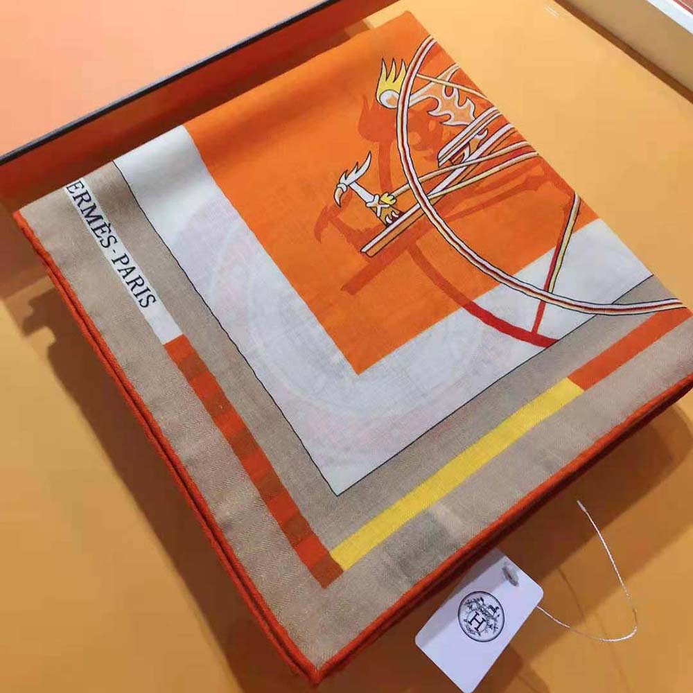 Hermes Women Voitures En Equilibre Shawl 140-Orange - image 5