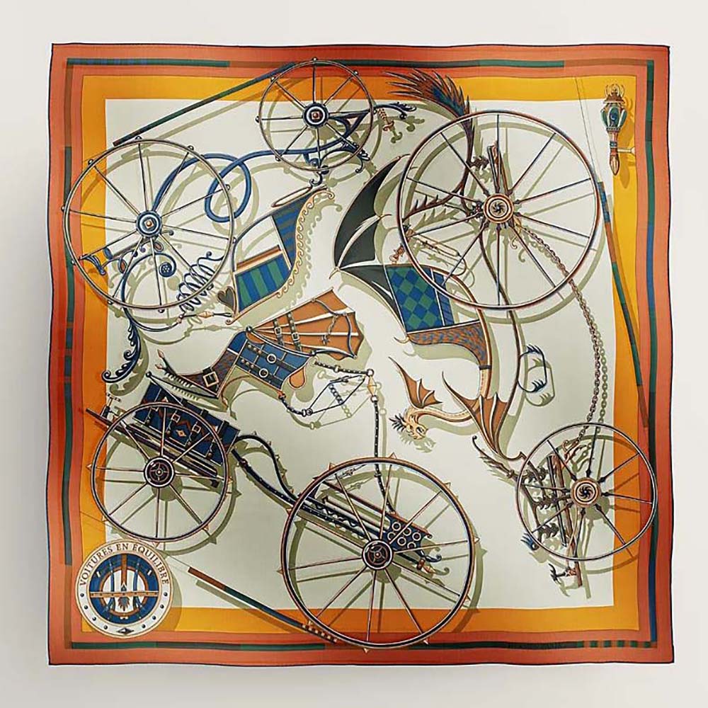 Hermes Women Voitures En Equilibre Shawl 140-White folded showing equestrian print