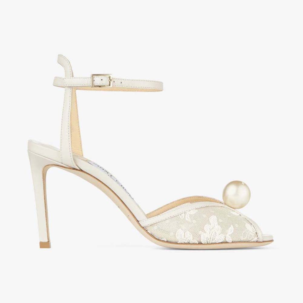 Side profile of Jimmy Choo Women Sacora 85 Ivory Floral Lace Sandals with Pearl Detail