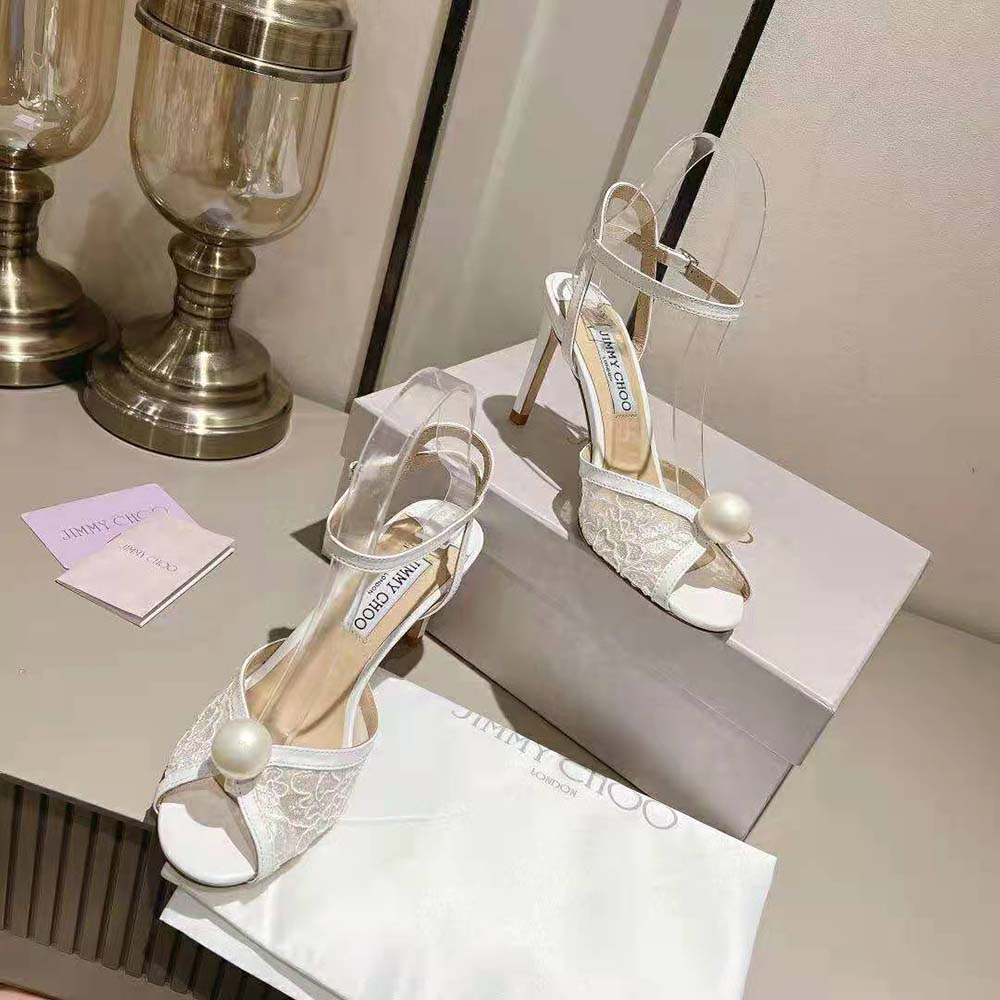 Jimmy Choo Women Sacora 85 Ivory Floral Lace Sandals with Pearl Detail - image 5